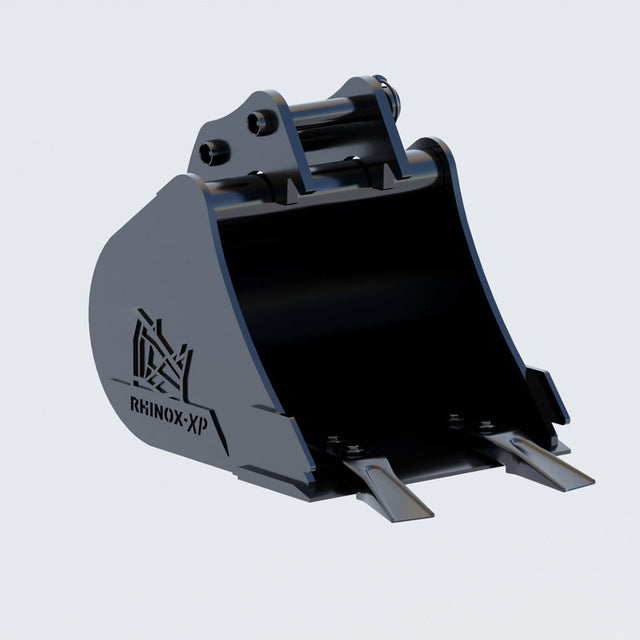 Black excavator bucket with 'Rhino XP' branding on a light gray background