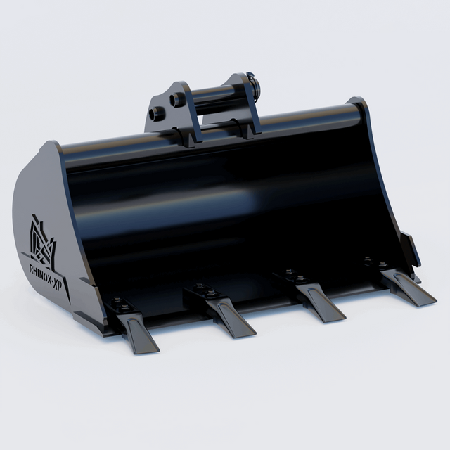 Black excavator bucket with 'Rhinox XP' branding on a light gray background