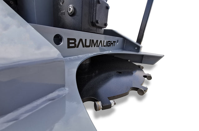 Baumalight DPH series PTO tree cutter with three-point hitch mounted on a New Holland tractor on white background
