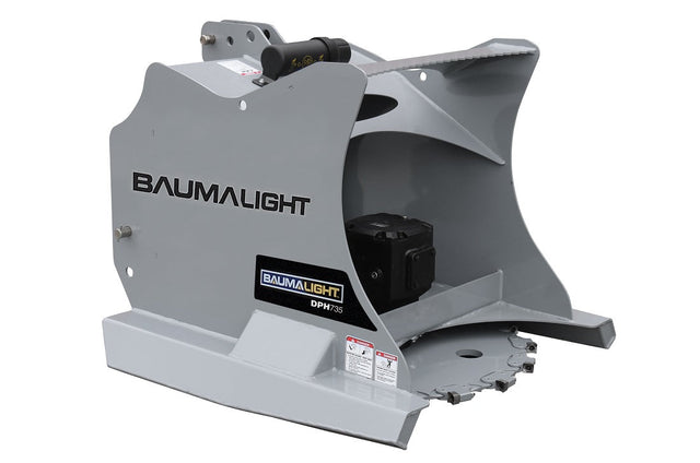 Baumalight DPH series PTO tree cutter with three-point hitch mounted on a New Holland tractor on white background