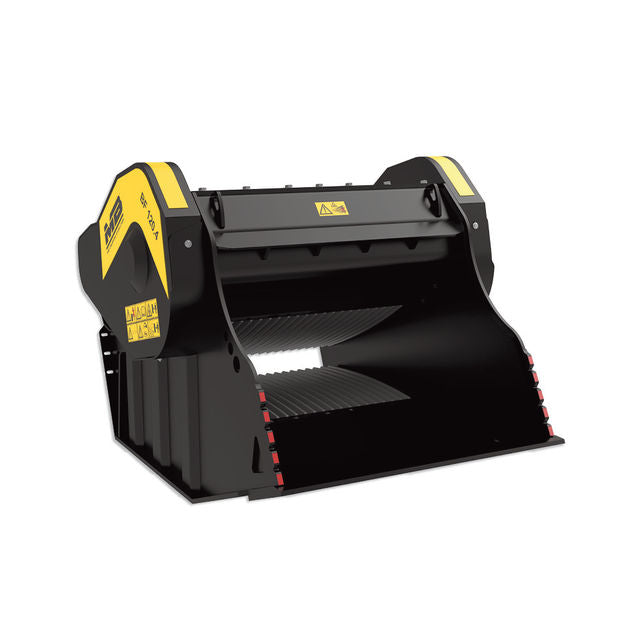 Black and yellow skid steer bucket attachment on a white background