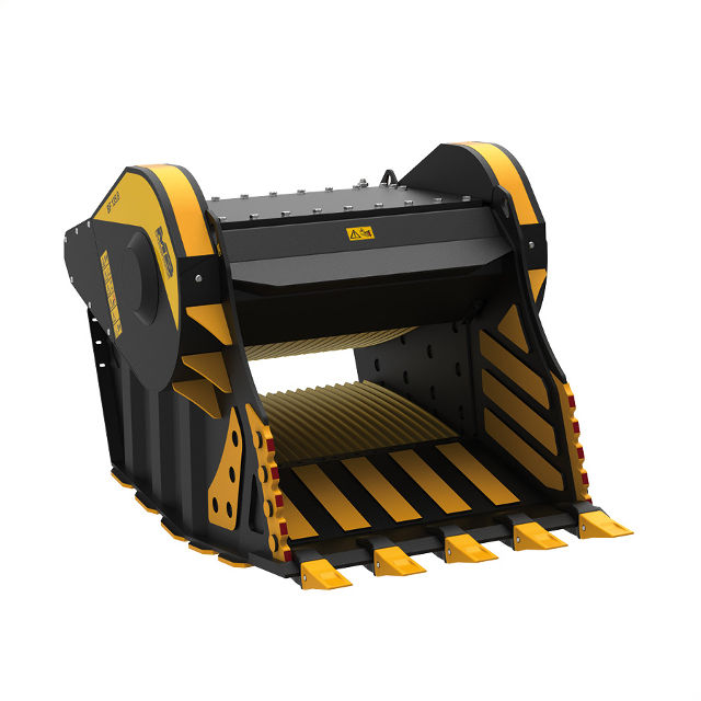 Black and yellow skid steer bucket on a white background