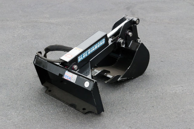 Blue Diamond mini skid steer backhoe attachment with hydraulic cylinder and toothed digging bucket on white background