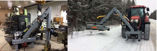Two images: one of a machine in a workshop and another of a tractor with a snowblower in a snowy landscape.