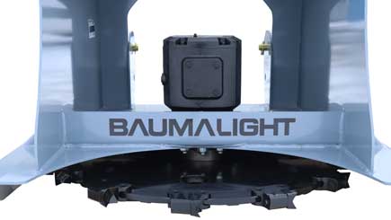 Baumalight DPH series PTO tree cutter with three-point hitch mounted on a New Holland tractor on white background
