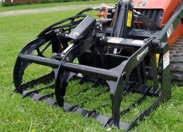 Paladin / FFC Brush Grapples for Skid Steer | A set of black FFC brush grapples for skid steer loaders, featuring multiple grapple pins and cylinders.