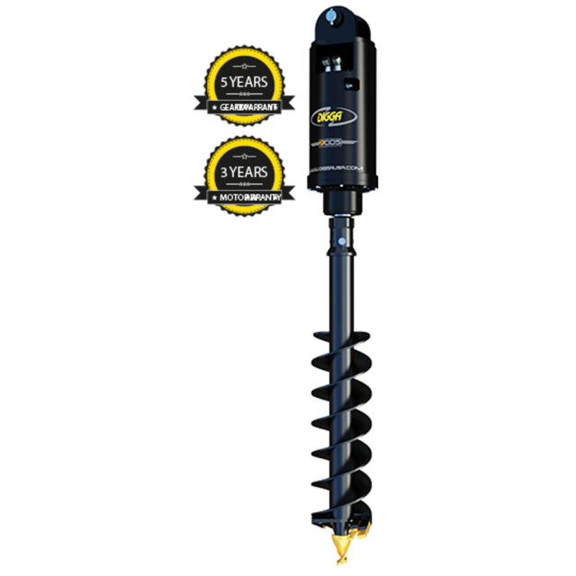 Digga 12DDS High Flow Auger Drive with a 2.5 inch hex shaft, showing the unit with a black body and yellow branding, accompanied by two warranty badges indicating a 3-year and a 5-year warranty.