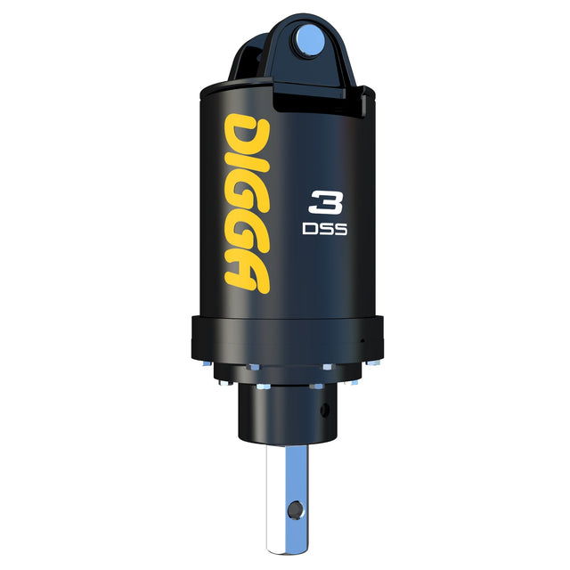 A black Digga 3DSS Auger Drive Unit with yellow and blue accents, designed for use with construction vehicles like excavators and skid steers.