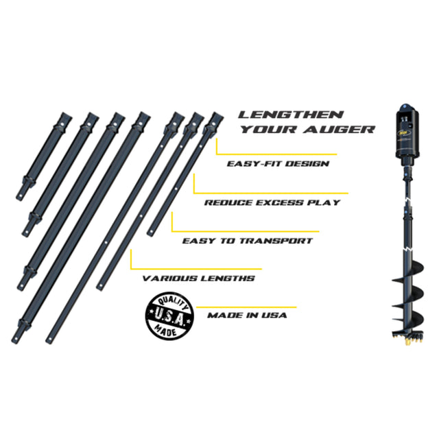 A series of black telescopic auger shaft extensions laid out with varying lengths, alongside a digga logo indicating 'Longen Your Auger' and 'Easy Fit Design'. The product is depicted alongside its features like 'Versatile Lengths' and 'Easy to Transfer'.