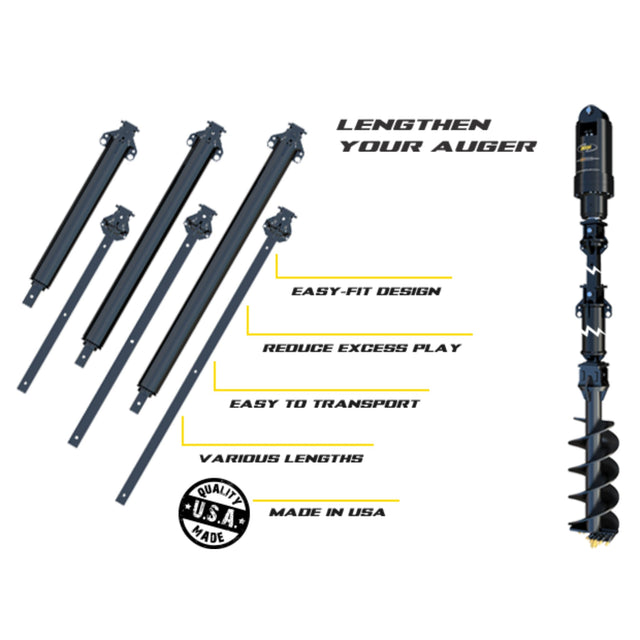 Telescopic auger shaft extensions in various lengths, with the longest being 10 feet, featuring an easy-fit design, reduction of play for precision, and transportability. Made in the USA.