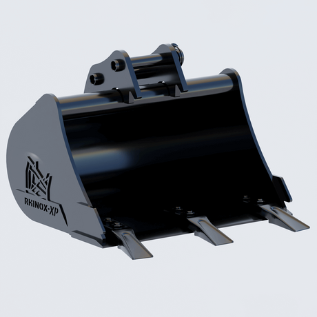 Black excavator bucket with 'Rhino XP' branding on a light gray background
