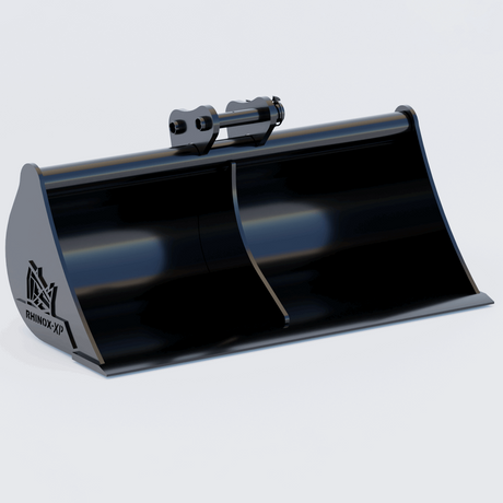 Black excavator bucket with 'Benton XP' branding on a light gray background