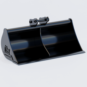 Black excavator bucket with 'Benton XP' branding on a light gray background