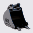 Gray and black excavator bucket with 'RHINO-XP' branding on a light gray background