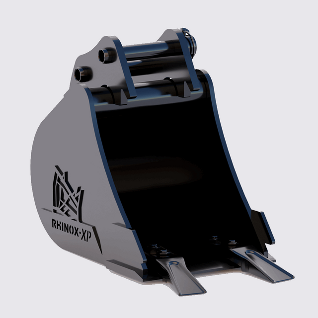 Gray and black excavator bucket with 'RHINO-XP' branding on a light gray background