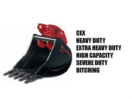 Heavy-duty excavator bucket with red accents on a white background, featuring CEX branding.