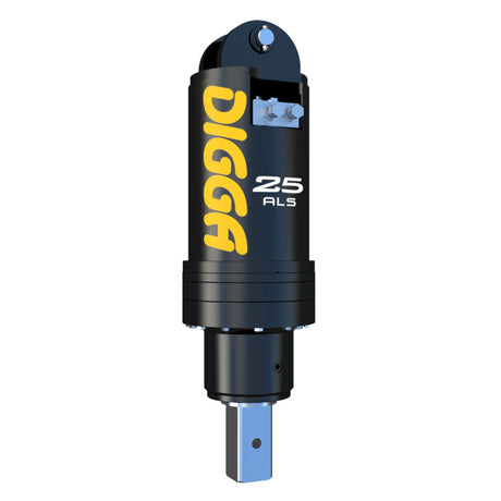 A black and yellow Digga 'ALS' series low-pressure piling anchor drive for excavators.