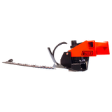 Hedge trimmer with orange handle and black blade on a white background