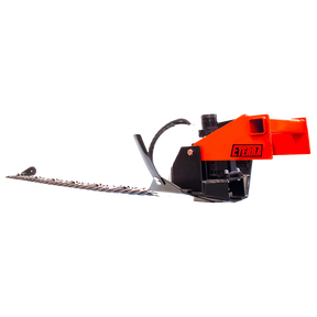 Hedge trimmer with orange handle and black blade on a white background