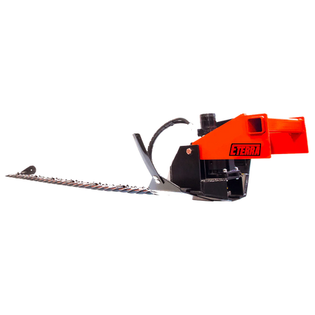 Hedge trimmer with orange handle and black blade on a white background