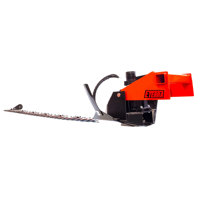 Hedge trimmer with orange handle and black blade on a white background