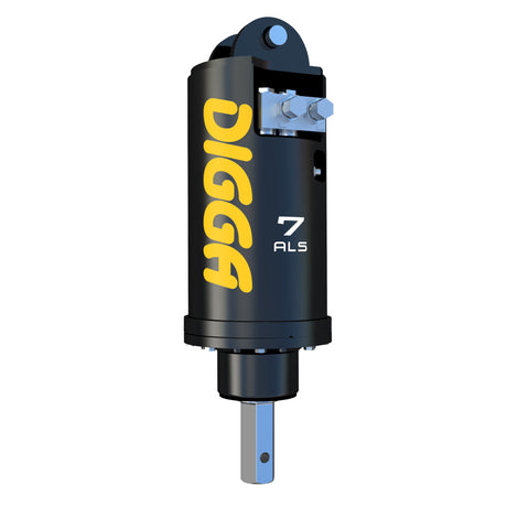 A black and yellow Digga 'ALS' series low-pressure piling anchor drive for excavators.