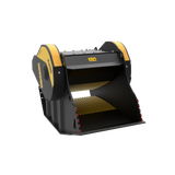 Black and yellow skid steer loader bucket on a white background