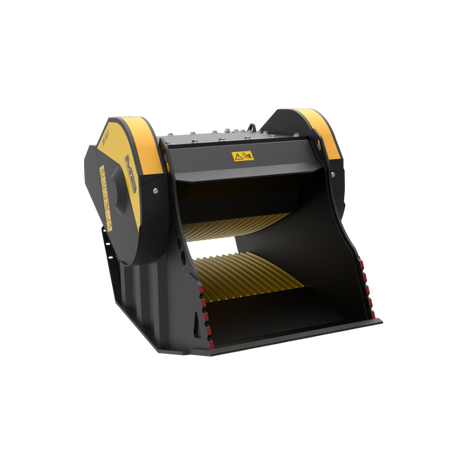 Black and yellow skid steer loader bucket on a white background