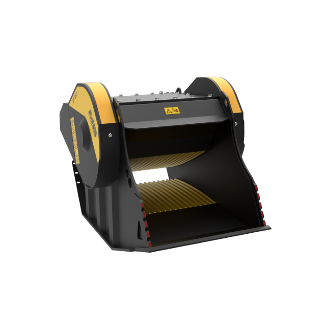 Black and yellow skid steer loader bucket on a white background