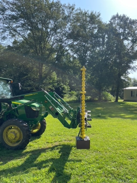 Limb Beaver BB4HP Baby Beaver brush cutter with yellow sickle bar mounted on a John Deere tractor in an open field