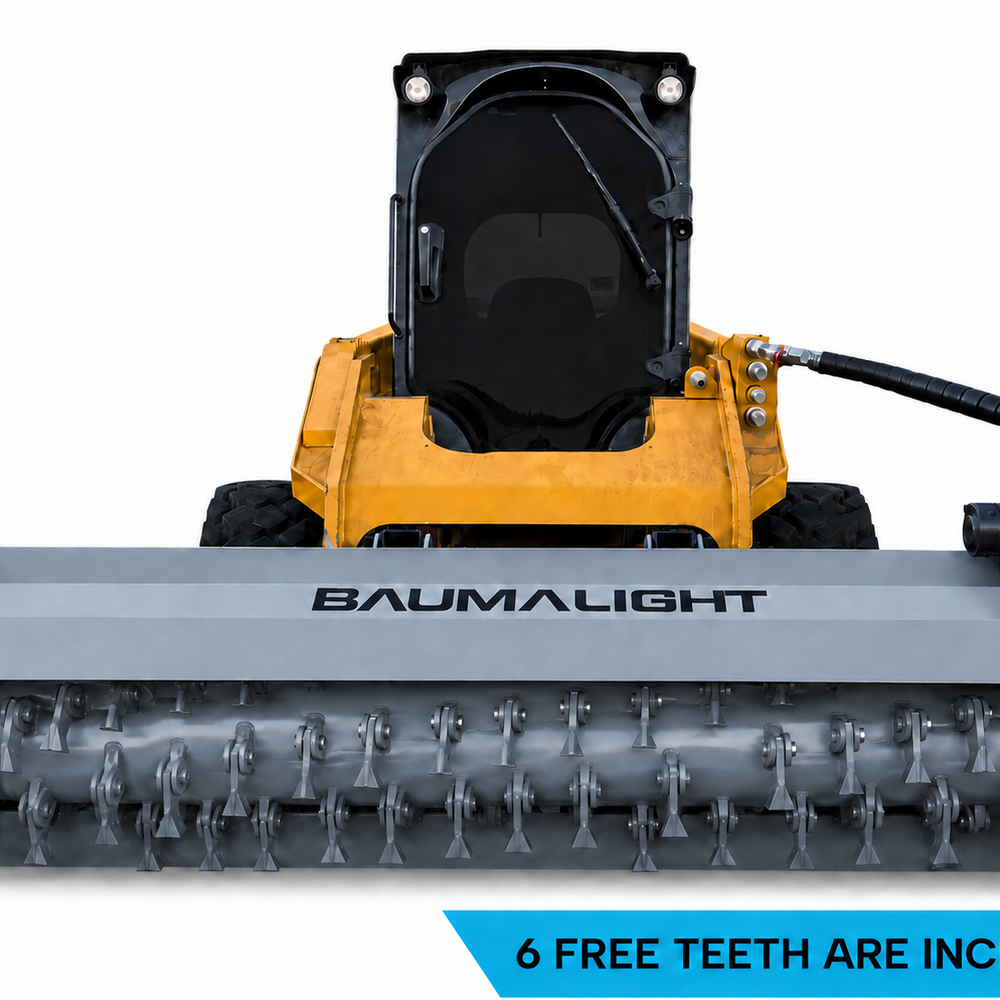Baumalight FEB700 flail mower for skid steer. Comes with 6 free teeth. Ships free. Requires a case drain and minimum 18 gallons per minute. 