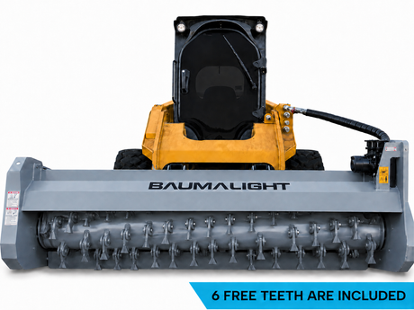 Baumalight FEB700 flail mower for skid steer. Comes with 6 free teeth. Ships free. Requires a case drain and minimum 18 gallons per minute. 