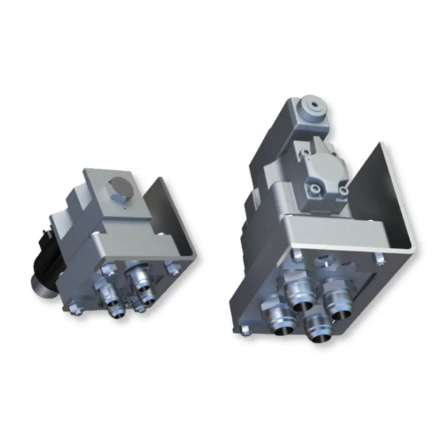 Two metallic mechanical components on a white background