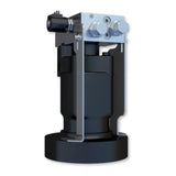Mechanical device with a black base and metallic components on a white background