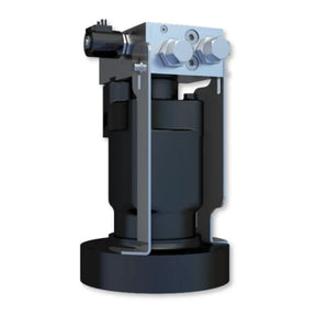 Mechanical device with a black base and metallic components on a white background