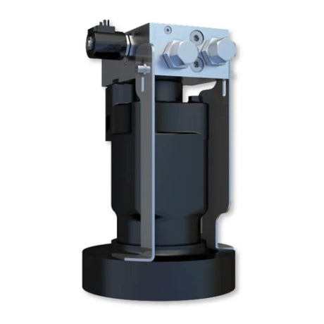 Mechanical device with a black base and metallic components on a white background