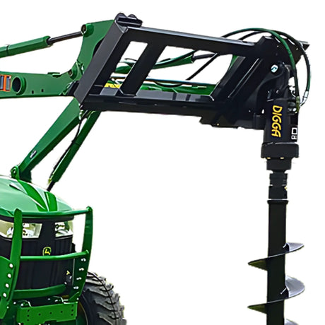 Digga DDD direct drive auger with slide frame mount attached to a John Deere tractor front loader with auger bit ready for drilling