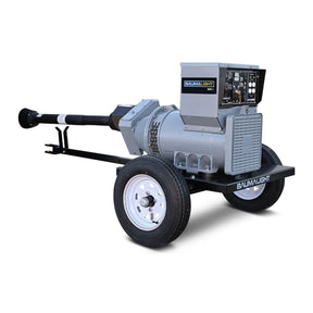 A Baumalight KR52 - 52 kW Tractor PTO Generator with a gray body, black wheels, and visible power output connectors.