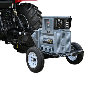 A Baumalight KR65 - 65 kW Tractor PTO Generator, with a tractor and a PTO shaft attached to it. The generator is mounted on the tractor with a label and wheels for mobility.