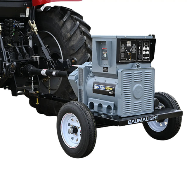 A Baumalight KR65 - 65 kW Tractor PTO Generator, with a tractor and a PTO shaft attached to it. The generator is mounted on the tractor with a label and wheels for mobility.