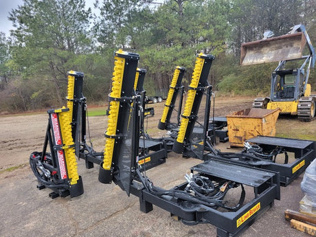 Limb Beaver LB6SS brush cutter mounted on a skid steer clearing thick brush and vegetation