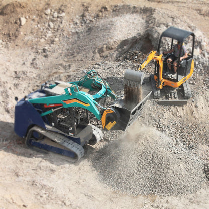 Two small construction vehicles, a blue and green one and a yellow and black one, working on a pile of gravel.