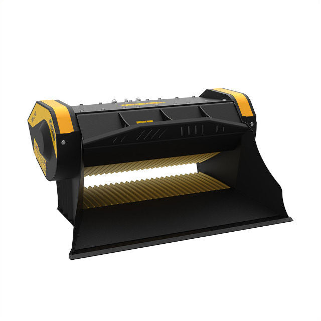 Black and yellow skid steer loader attachment on a white background