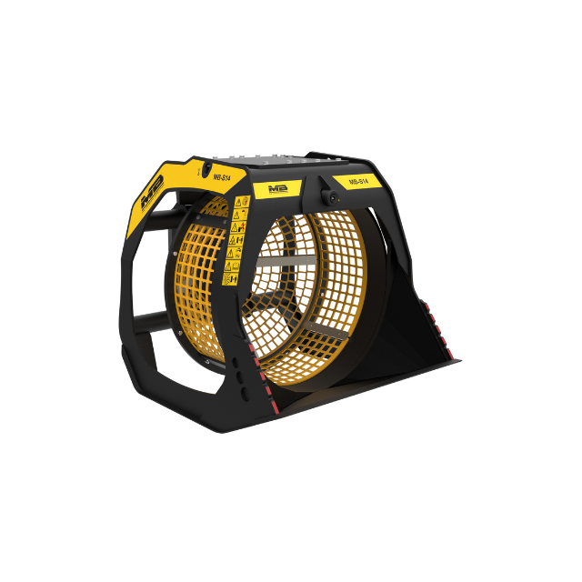 The MB-S18 Skid steer loader bucket with yellow and black design on a white background