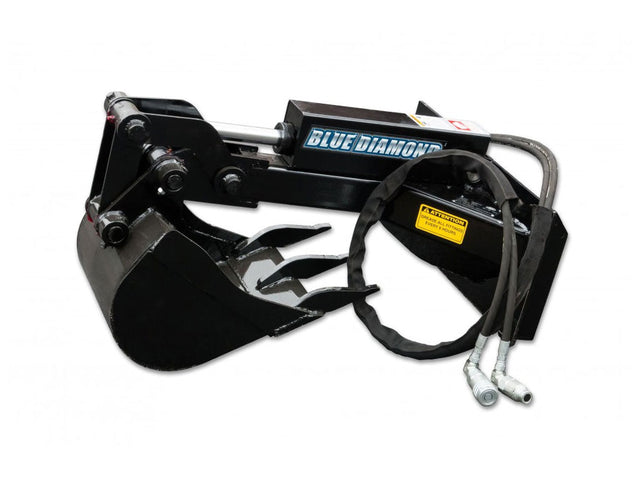 Blue Diamond mini skid steer backhoe attachment with hydraulic cylinder and toothed digging bucket on white background
