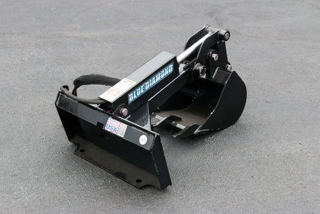 Blue Diamond mini skid steer backhoe attachment with hydraulic cylinder and toothed digging bucket on white background