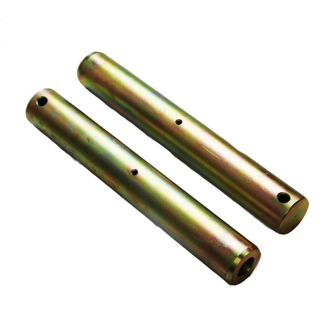 Two cylindrical metal rods with threaded ends on a white background