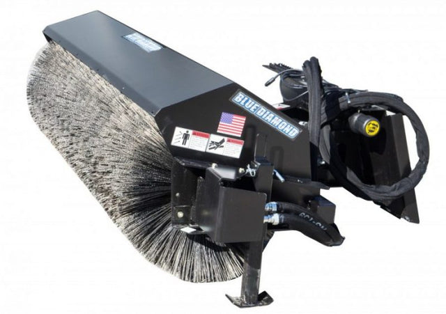 Blue Diamond Series 2 hydraulic angle broom attachment for tractors with steel bristle brush and hydraulic hose connections on white background