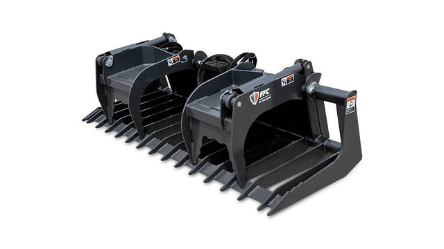 Paladin / FFC Brush Grapples for Skid Steer | A set of black FFC brush grapples for skid steer loaders, featuring multiple grapple pins and cylinders.