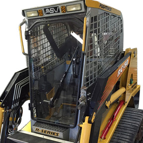 ASV/Terex Skid Steer Door | A polycarbonate front door and side windows for an ASV/Terex skid steer, featuring a black and yellow color scheme with visible branding and model number.